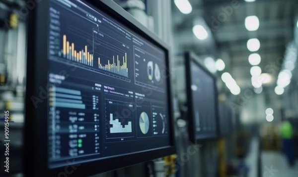 Obraz  Abstract Data-Driven Manufacturing: Factory Analytics Dashboard Displaying Production Statistics and Performance Metrics. Innovative Visualization of Industrial Efficiency and Smart Manufacturing Con