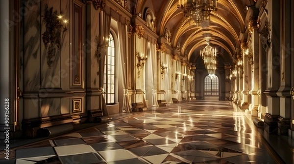 Fototapeta Twilight in a Luxurious Castle Interior: An Empty Hall Bathed in Ambient Light
