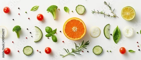 Fototapeta Fresh assorted vegetables and fruits including orange, tomatoes, cucumber, herbs, and lime on a white background. Perfect for healthy lifestyle concepts.