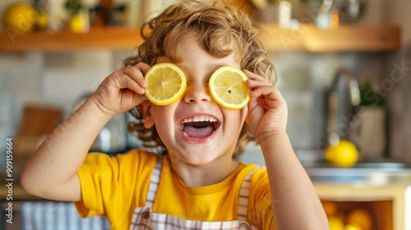 Fototapeta Cheerful child in yellow shirt holding lemon slices over eyes in a bright kitchen. Fun and playful moment with fresh citrus fruits.
