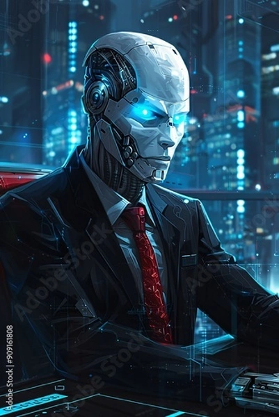 Fototapeta Cyborg wearing suit and red tie sitting on a chair in an office