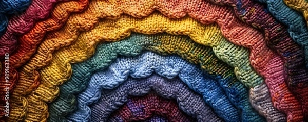 Fototapeta Colorful close-up of knitted fabric layers creating a vibrant texture pattern in a rainbow arrangement. Ideal for backgrounds and textile design.
