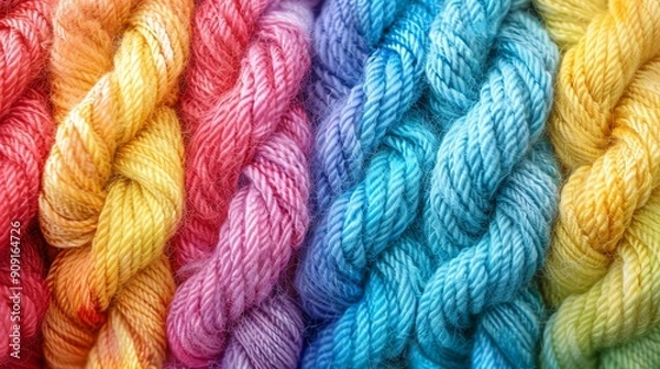 Fototapeta Colorful skeins of wool yarn arranged in a gradient pattern, ideal for knitting and crochet enthusiasts looking for vibrant craft materials.