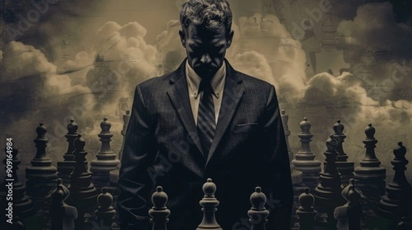 Obraz man on chair Dark Game Behind Politics Dramatic Silhouette of a Political documentary 