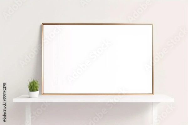 Fototapeta Imagen mínima de marco cuadrado blanco vacío simulada colgada sobre fondo de pared blanca con luz y sombra de ventana. aislar imagen	