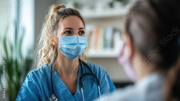 Fototapeta A woman in a blue scrubs is wearing a mask