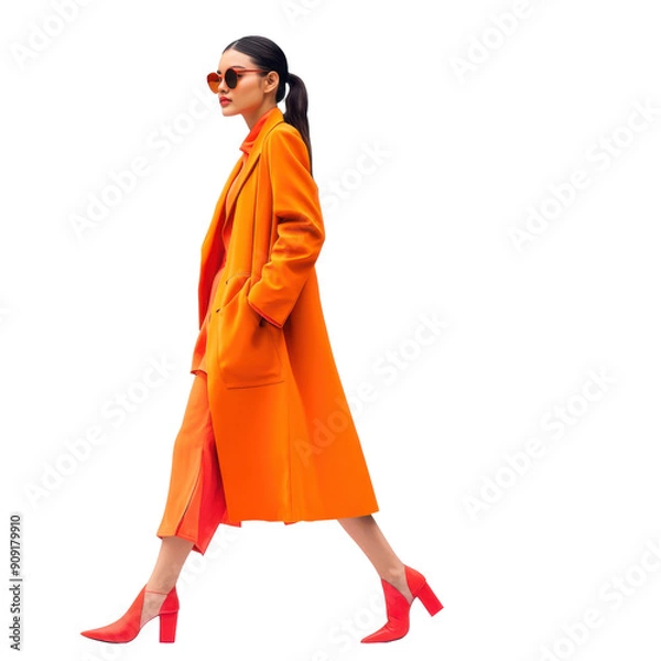 Fototapeta A woman in an orange coat and red shoes walks on a white background