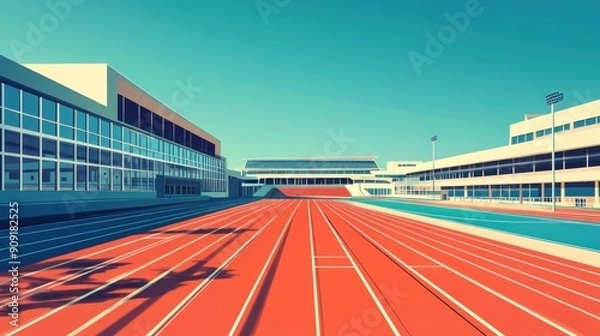 Fototapeta Flat illustration of a modern stadium complex with various sports facilities, including a running track and a football field. The design emphasizes clean lines and a minimalist aesthetic, with a