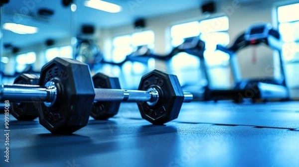 Fototapeta Close-up of dumbbells on a gym floor with treadmills in the background.
