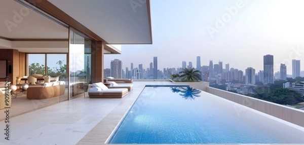 Fototapeta Luxurious rooftop pool terrace with city skyline view, modern architecture, and stylish outdoor seating. Perfect for relaxation and leisure. Experience breathtaking scenery from a exclusive skyscraper
