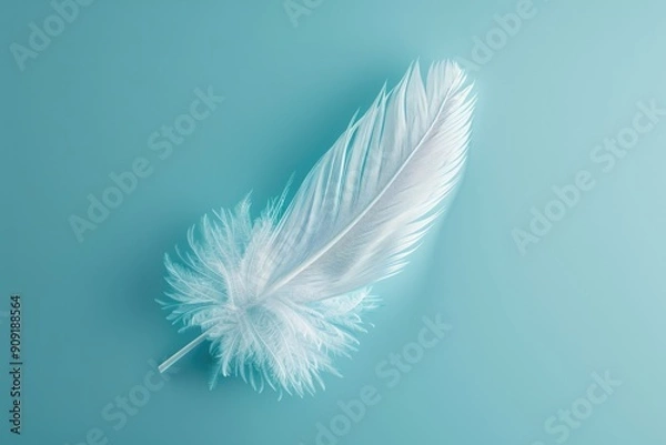 Obraz A single white feather sitting on a bright blue surface