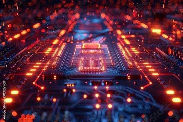 Fototapeta Illuminated Circuit Board with Glowing Processor
