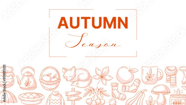 Obraz Autumn horizontal banner or background with space for text. Minimalist bottom border frame with monochrome red fall seasonal cozy elements, food, clothes, mushrooms, animals. For poster, flyer, card
