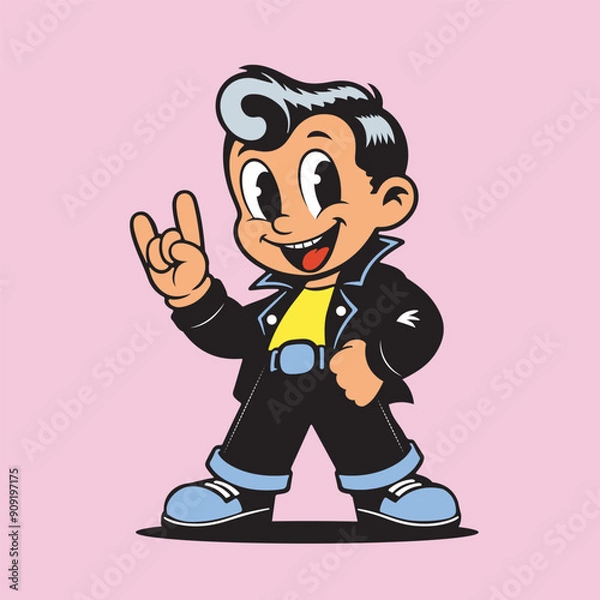 Obraz A vintage cartoon-style boy with a rockabilly hairstyle, black jacket, and yellow shirt is smiling and making a "rock and roll" hand gesture on a pink background. Vector illustration.