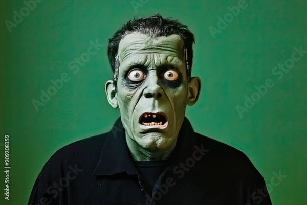 Obraz Shocked Surprised Halloween Frankenstein Monster on a Green Background with Space for Copy