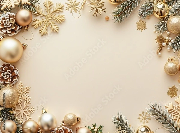 Fototapeta Golden Christmas ornaments with pine branches and ornaments arranged around empty space. Elegant festive style perfect for holiday cards, invitations and posters.