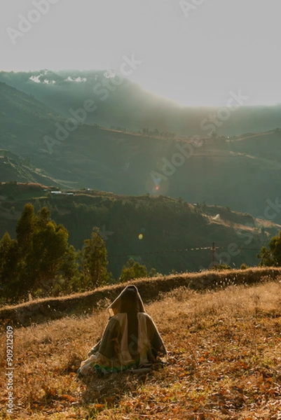 Fototapeta persona de espaldas viendo hacia el horizonte frente a una montaña en un amanecer 