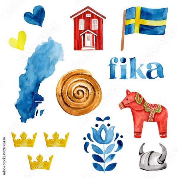 Fototapeta Set of Swedish symbols watercolor illustration. Handpainted Scandinavian country map with crown, bun, house, flag, horse and viking helmet