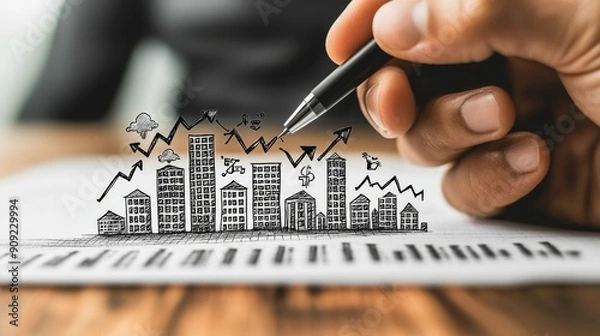 Fototapeta An arrow pointing up above Buildings Representing Business Plan or Market Trend Concept