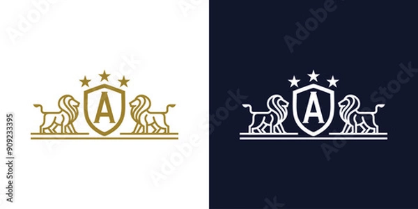 Fototapeta Luxury Lion crest heraldry logo. Elegant gold heraldic shield icon. Premium brand identity emblem