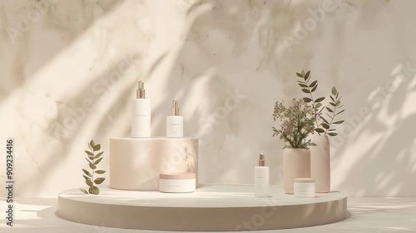 Fototapeta Elegant display of cosmetic bottles and greenery on a minimalistic pedestal with soft lighting, perfect for beauty product branding.