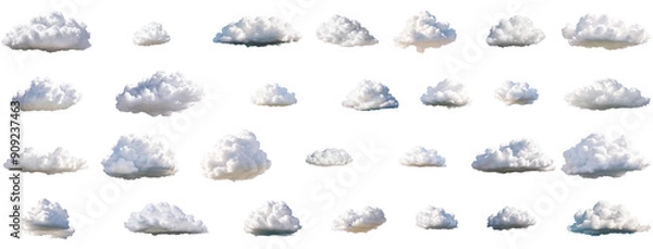 Obraz Diverse collection of 28 cloud photos isolated on transparent alpha background. Perfect for sky-themed designs and graphic compositions.