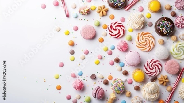 Fototapeta Colorful sweets on white background with space for text