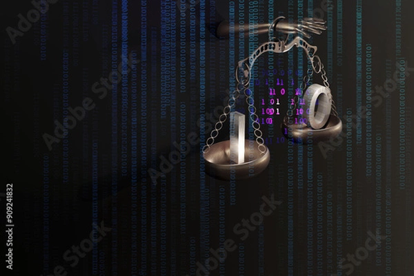 Obraz Internet cyber law concept. Background with Justice scales and binary code numbers. Digital legal services and Artificial Intelligence idea. 3D render illustration.