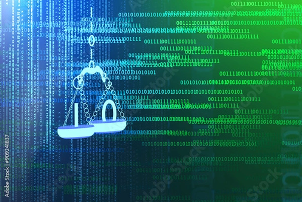 Obraz Internet cyber law concept. Background with Justice scales and binary code numbers. Digital legal services and Artificial Intelligence idea. 3D render illustration.