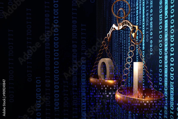 Obraz Internet cyber law concept. Background with Justice scales and binary code numbers. Digital legal services and Artificial Intelligence idea. 3D render illustration.