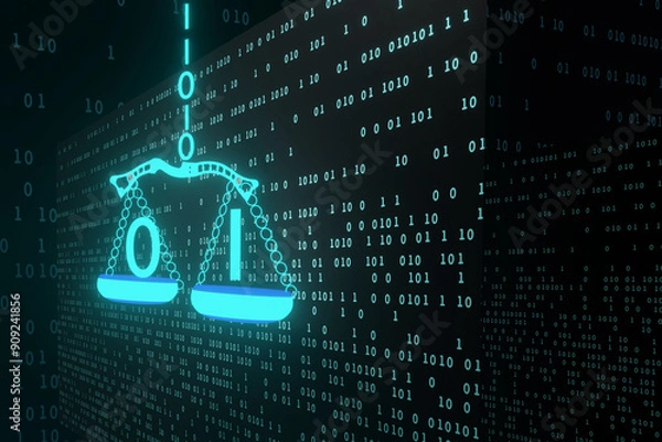 Obraz Internet cyber law concept. Background with Justice scales and binary code numbers. Digital legal services and Artificial Intelligence idea. 3D render illustration.
