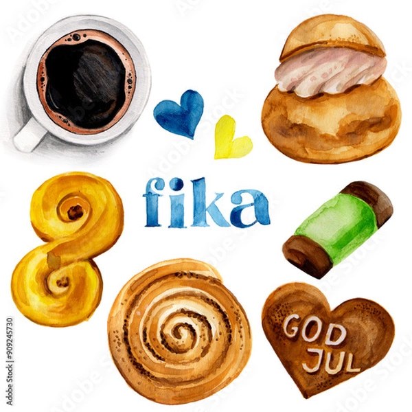 Fototapeta Fika time in Sweden set. Coffee cup with pastries and sweets such as semla, cinnamon bun, dammsugare, lussekatter watercolor hand painted illustration.
