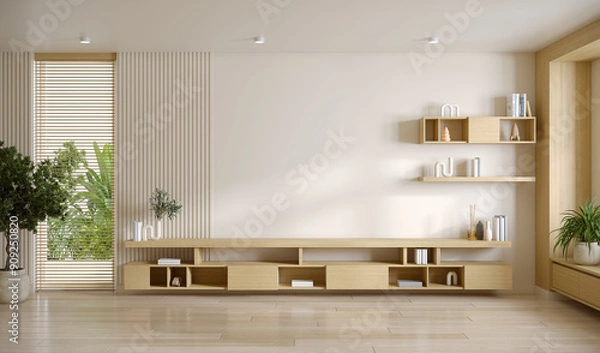 Fototapeta Empty wall and tv shelf mockup.white wall with wood shelf in modern minimal room. 3D illustration