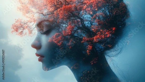 Fototapeta Surrealistic Double Exposure of Human Head with Nature Elements Including Trees, Flowers, and Lake, Concept Art

