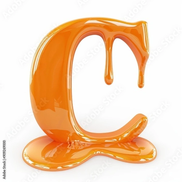 Fototapeta A letter C made of melted orange paint, in 3D style, standing out with a fluid and shiny effect on a white background
