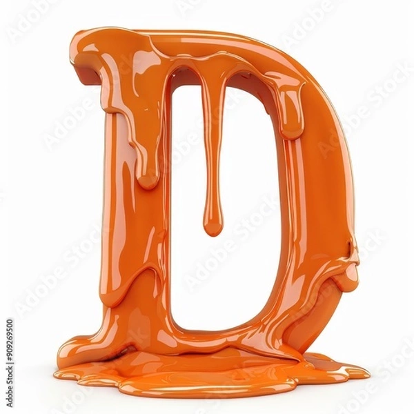 Fototapeta A letter D made of melted orange paint, in 3D style, standing out with a fluid and shiny effect on a white background