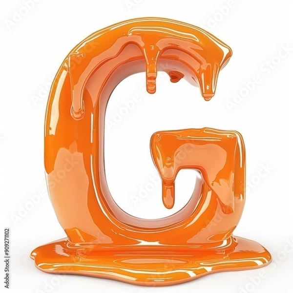Fototapeta A letter G made of melted orange paint, in 3D style, standing out with a fluid and shiny effect on a white background