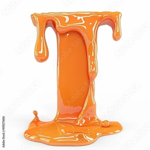 Obraz A letter I made of melted orange paint, in 3D style, standing out with a fluid and shiny effect on a white background