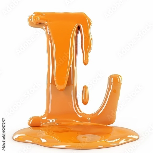 Obraz A letter L made of melted orange paint, in 3D style, standing out with a fluid and shiny effect on a white background