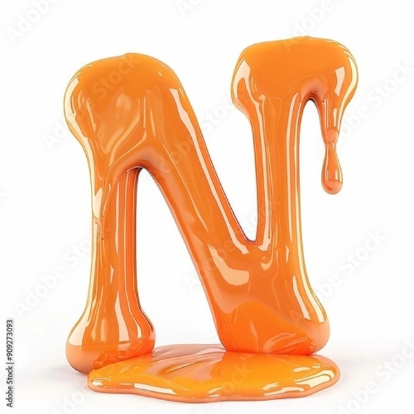 Obraz A letter N made of melted orange paint, in 3D style, standing out with a fluid and shiny effect on a white background