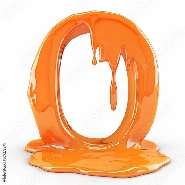 Fototapeta A letter O made of melted orange paint, in 3D style, standing out with a fluid and shiny effect on a white background
