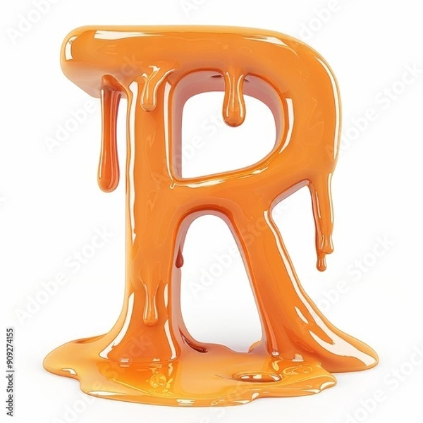 Fototapeta A letter R made of melted orange paint, in 3D style, standing out with a fluid and shiny effect on a white background