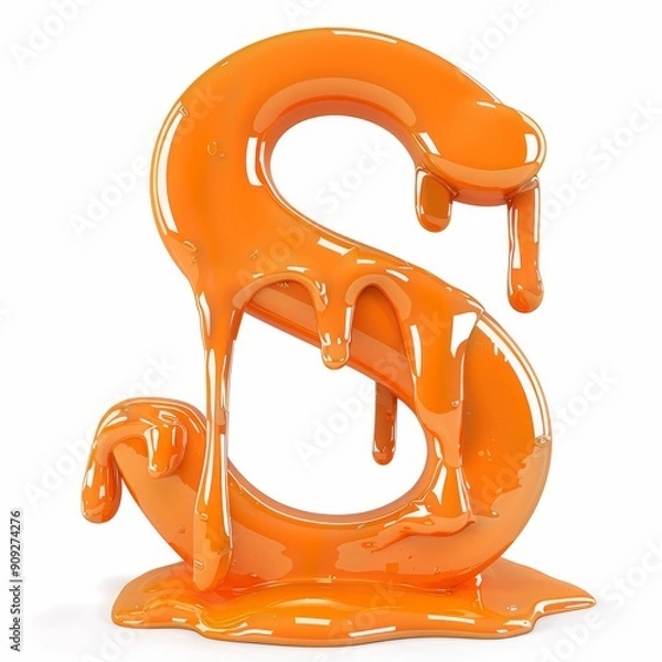 Obraz A letter S made of melted orange paint, in 3D style, standing out with a fluid and shiny effect on a white background