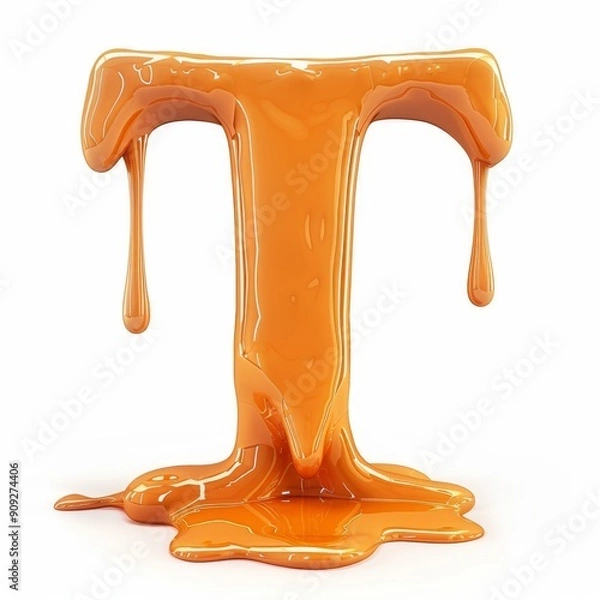 Obraz A letter T made of melted orange paint, in 3D style, standing out with a fluid and shiny effect on a white background