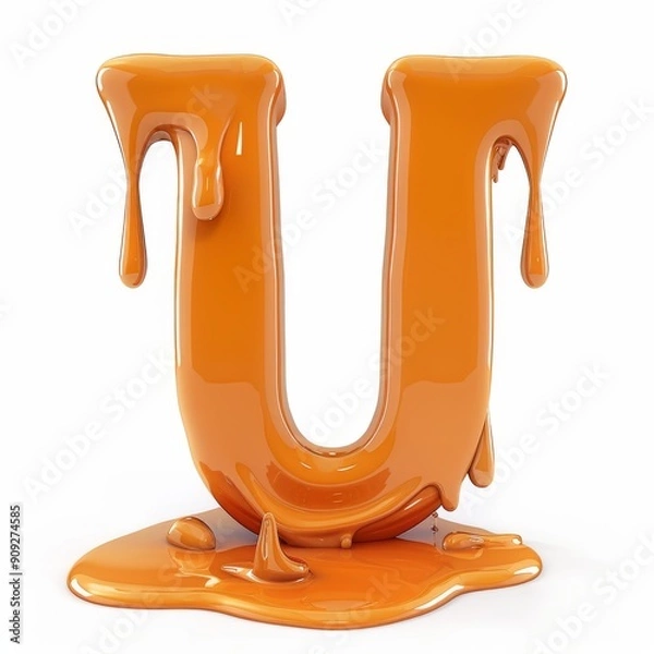 Obraz A letter U made of melted orange paint, in 3D style, standing out with a fluid and shiny effect on a white background