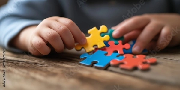 Fototapeta Little Hands, Big Dreams: A child's hands carefully place a colorful puzzle piece, symbolizing the joy of learning, problem-solving, and the infinite possibilities of a young mind.  