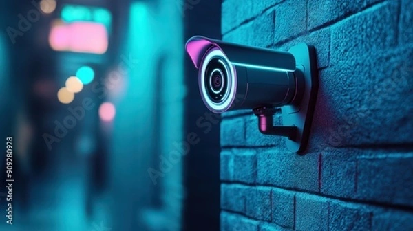 Fototapeta Modern security camera mounted on a brick wall in a dimly lit urban setting with neon lights in the background.