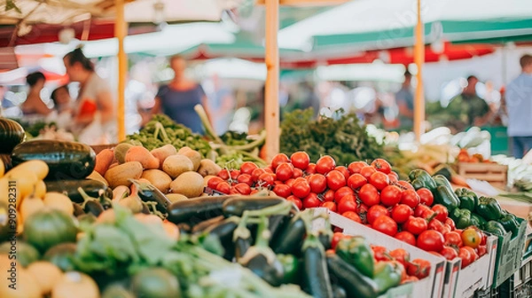 Obraz An open-air farmers market with stalls full of fresh fruits and vegetables, people choosing produce.