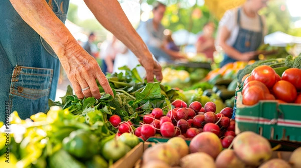 Obraz An open-air farmers market with stalls full of fresh fruits and vegetables, people choosing produce.