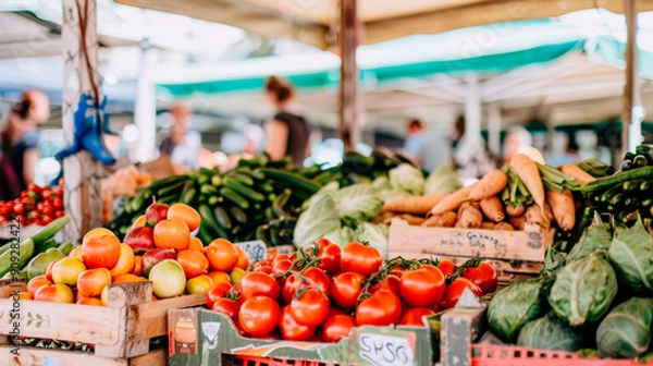Obraz An open-air farmers market with stalls full of fresh fruits and vegetables, people choosing produce.
